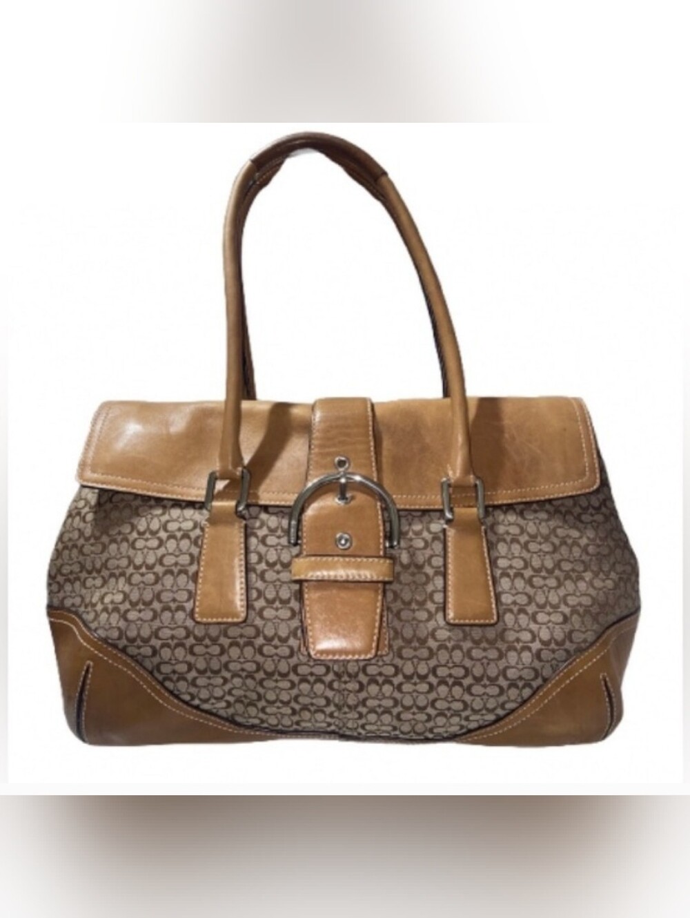 Coach K35-6388 Signature Buckle Tote Shoulder Bag Brown Tan Canvas Leather